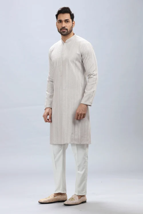Pastel Grey Kurta Pajama Set With Elegant Work – Palkhi Fashion
