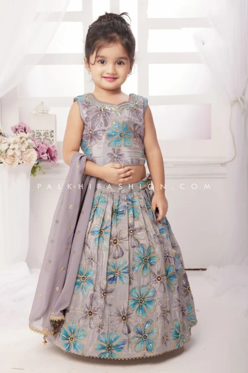 Adorable Purple Grey Color Lehenga Choli For Little Ones