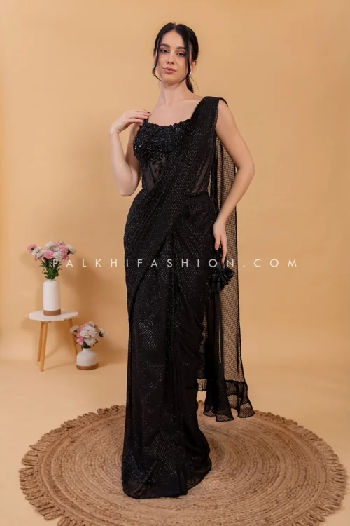 Black Celebrity-Inspired Ready-to-Wear Designer Saree | Palkhi Fashion -Indian Wear Shop BlackCelebrity InspiredReady to WearDesignerSareePalkhiFashion 2 scaled