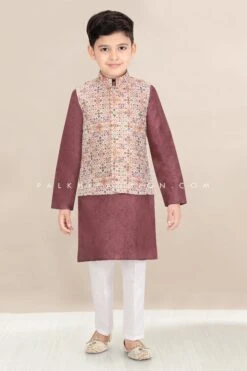 Boys Light Wine Jacket Kurta Set With Multi-Color Embroidery – Palkhi Fashion