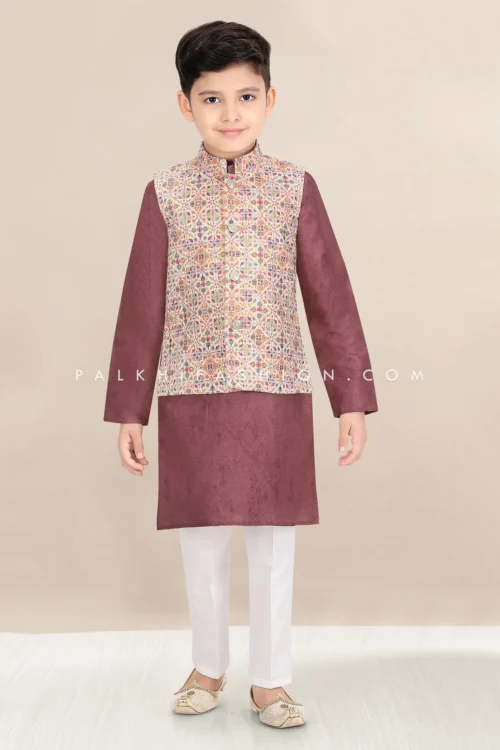 Boys Light Wine Jacket Kurta Set With Multi-Color Embroidery – Palkhi Fashion