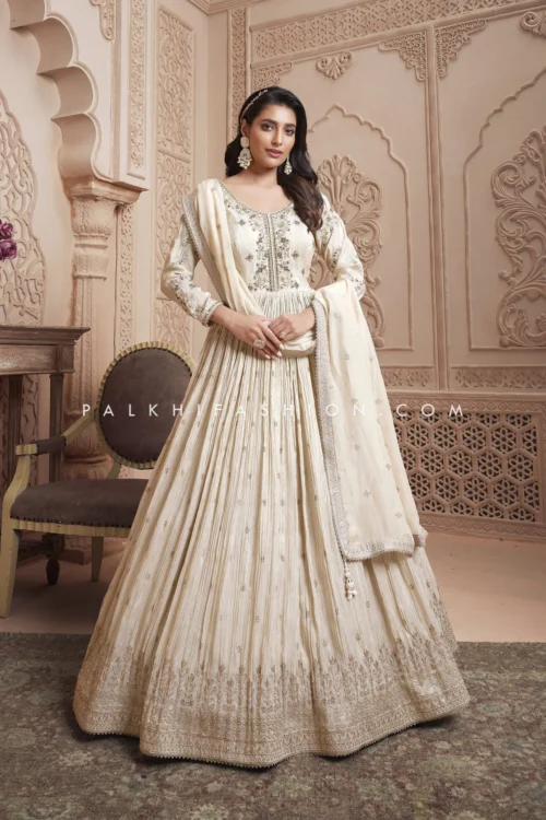 Champagne Silk Indian Designer Outfit With Regal Work