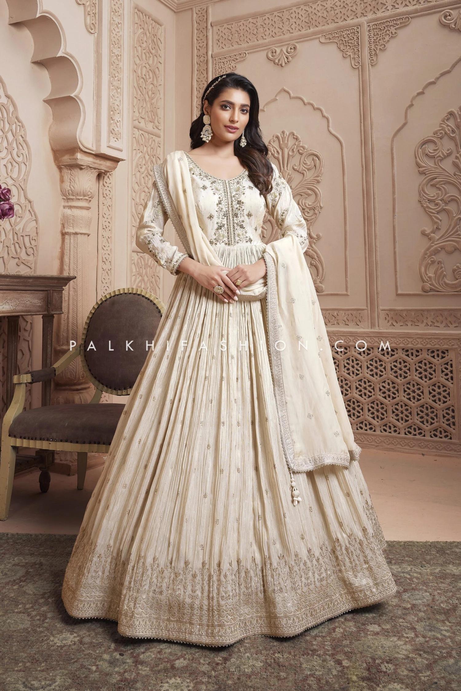 Champagne Silk Indian Designer Outfit With Regal Work 2 Champagne Silk Indian Designer Outfit With Regal Work