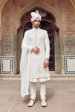 Cream Self-Patterned Indo-Western Set – A Timeless Choice For Weddings