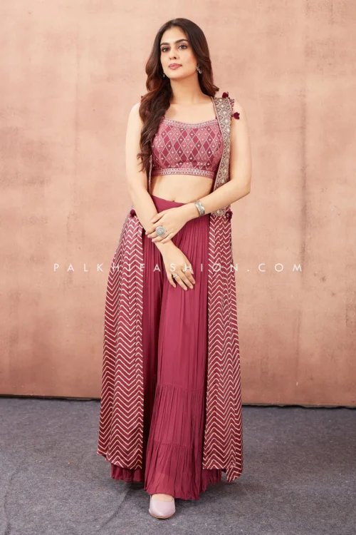 Deep Mauve Crop Top Palazzo Outfit With Attractive Shrug