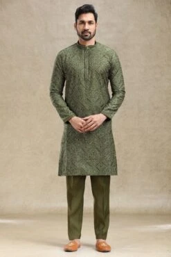 Designer Mehndi Green Kurta Pajama Set With Intricate Work – Palkhi Fashion