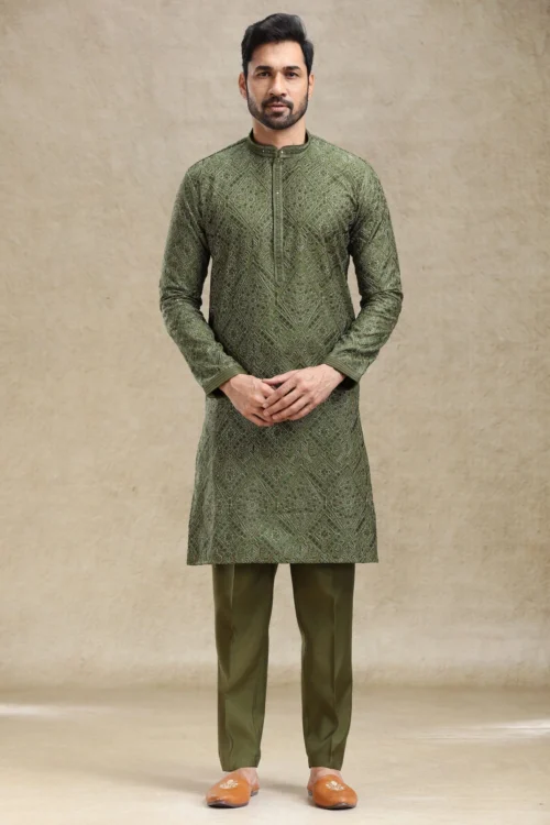 Designer Mehndi Green Kurta Pajama Set With Intricate Work – Palkhi Fashion