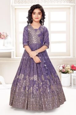 Designer Lilac Silk Gown For Girls With Elegant Silk Weaving
