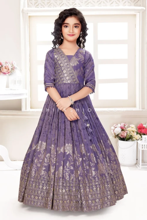 Designer Lilac Silk Gown For Girls With Elegant Silk Weaving