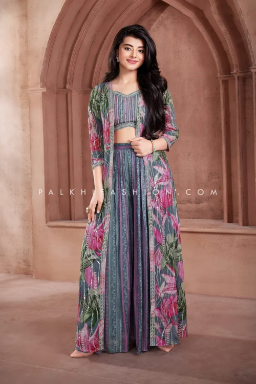 Designer Multi-Color Crop Top Palazzo Set With Jacket | Palkhi Fashion