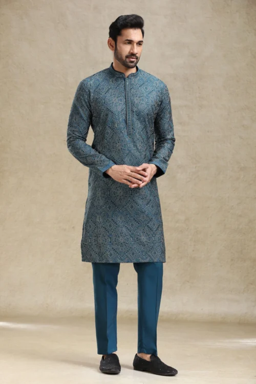 Designer Petrol BlueKurta Pajama Set With Intricate Work – Palkhi Fashion