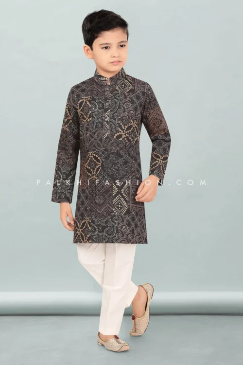 Dusty Black Cotton Boys Kurta Pajama With Bandhani & Prints – Palkhi Fashion