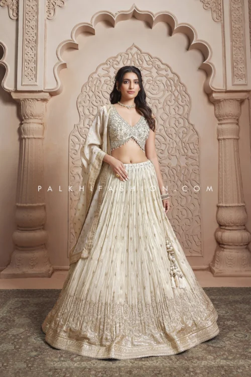 Elegance In Embroidery: Champagne Georgette Lehenga Choli