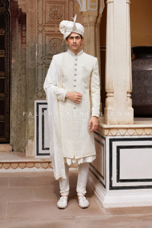 Elegant Cream Self Patterned Indo Western Set – A Timeless Choice For Weddings