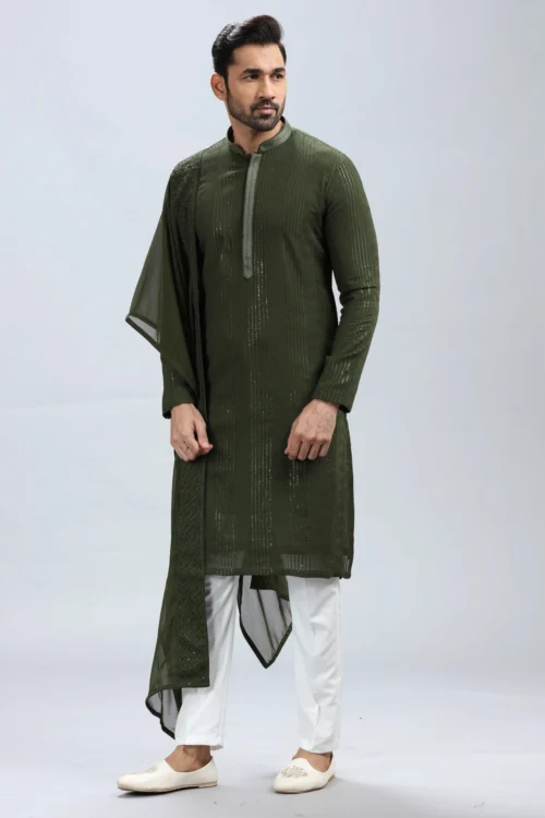 Mehndi Green Georgette Kurta Pajama Set With Embroidery – Palkhi Fashion