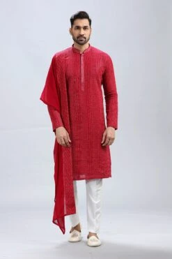 Elegant Red Georgette Kurta Pajama Set With Embroidery – Palkhi Fashion