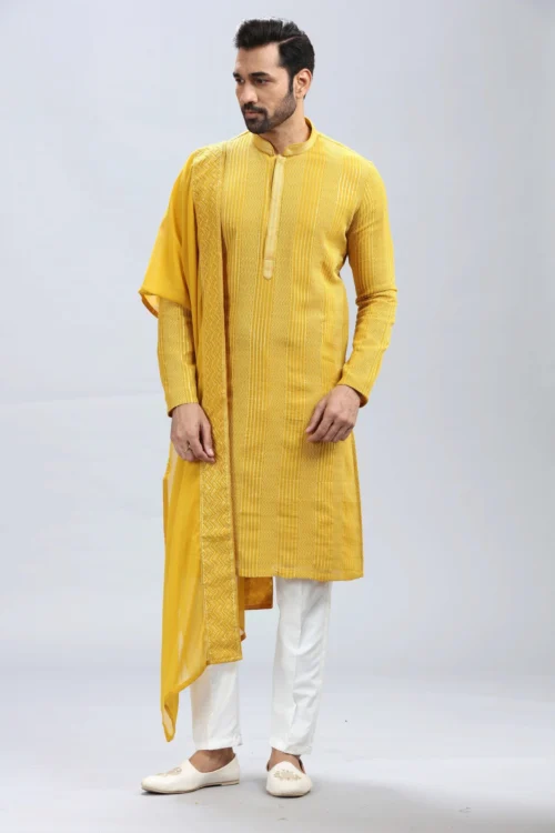 Elegant Yellow Georgette Kurta Pajama Set With Embroidery – Palkhi Fashion