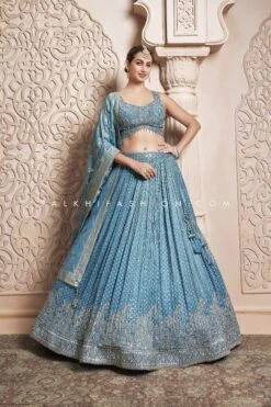Elegant Ice Blue Designer Lehenga Choli With Handwork & Silk Weaving Dupatta
