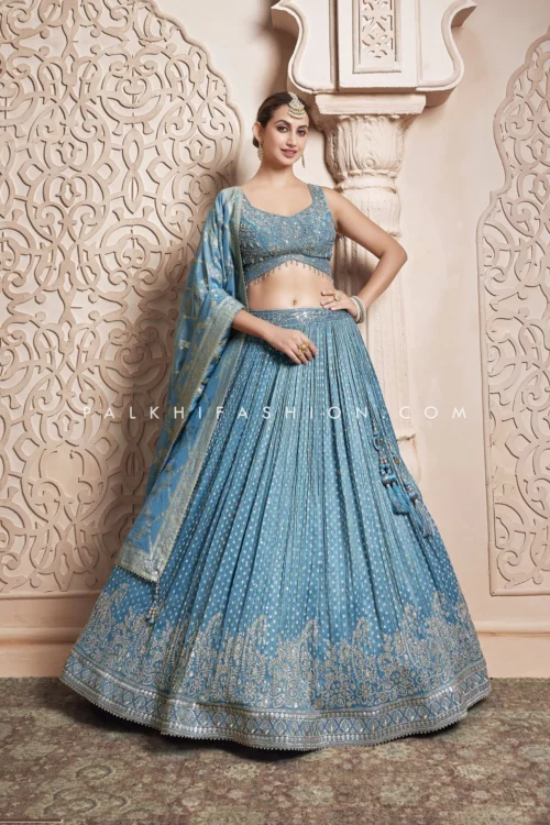 Elegant Ice Blue Designer Lehenga Choli With Handwork & Silk Weaving Dupatta