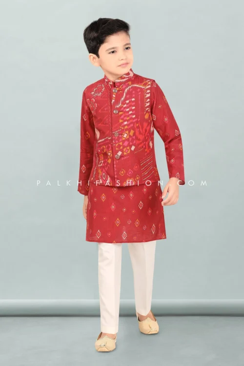Gajri Red Boys Jacket Kurta Set With Patola Work – Palkhi Fashion