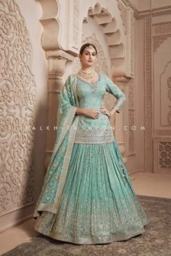 Light Teal Green Pure Silk Designer Lehenga With Handwork – Palkhi Fashion