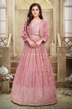 Light Mauve Organza Silk Girls Lehenga Choli Set With Embroidered Crop Top & Jacket