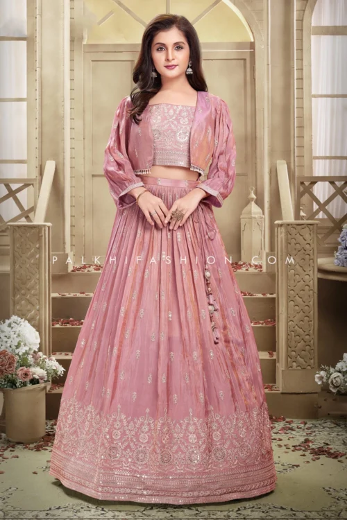 Light Mauve Organza Silk Girls Lehenga Choli Set With Embroidered Crop Top & Jacket