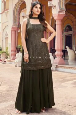 Modern Majesty: Mehndi Green Palazzo Outfit With Embroidery Work