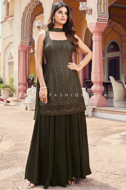 Modern Majesty: Mehndi Green Palazzo Outfit With Embroidery Work