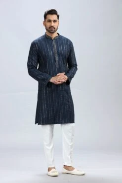 Navy Blue Kurta Pajama Set With Elegant Work – Palkhi Fashion