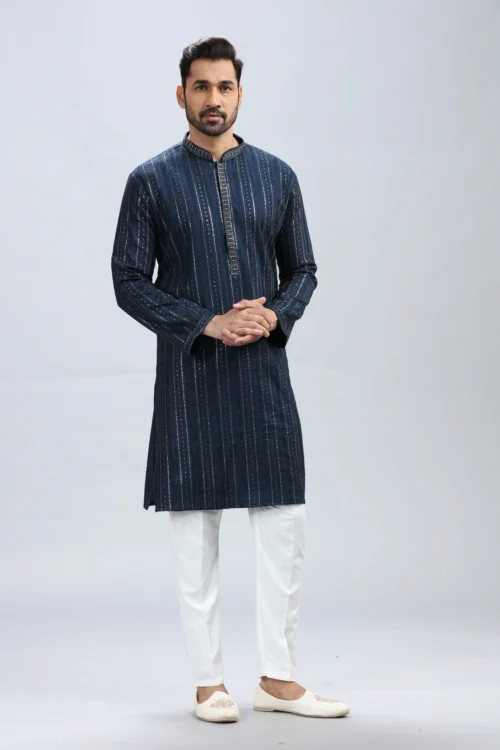 Navy Blue Kurta Pajama Set With Elegant Work – Palkhi Fashion