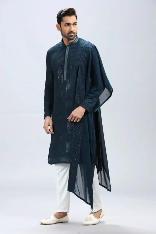 Petrol Blue Georgette Kurta Pajama Set With Embroidery – Palkhi Fashion