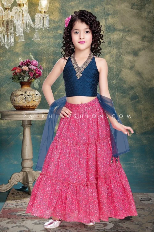 Pink/Blue Girls Lehenga Choli With Bandhani Work
