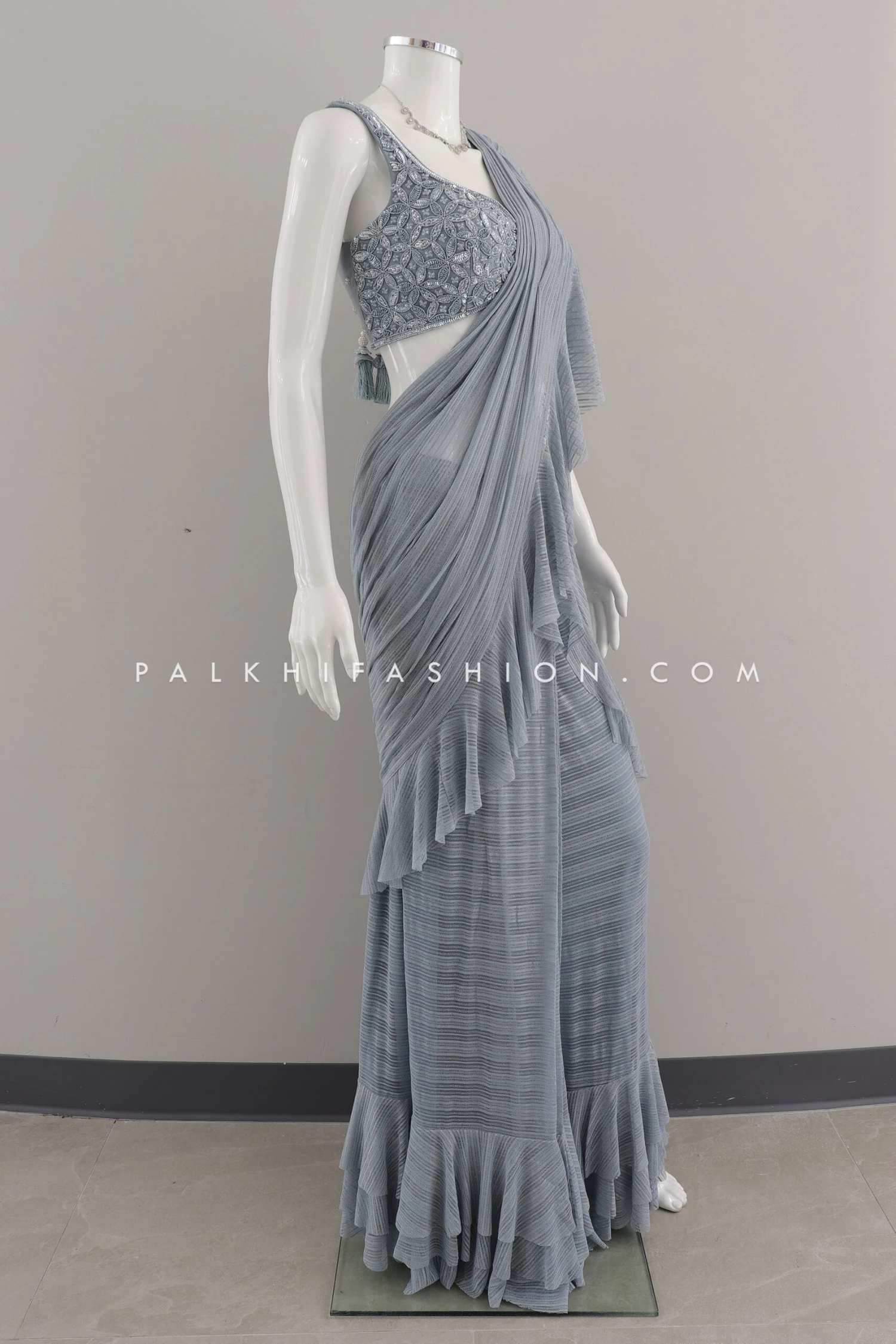 Powder Blue Ready To Wear Saree With Stone & HandWork - Palkhi Fashion 6 Powder Blue Ready To Wear Saree With Stone & HandWork - Palkhi Fashion - Image 4
