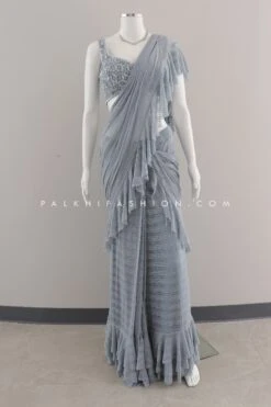 Powder Blue Ready To Wear Saree With Stone & HandWork - Palkhi Fashion