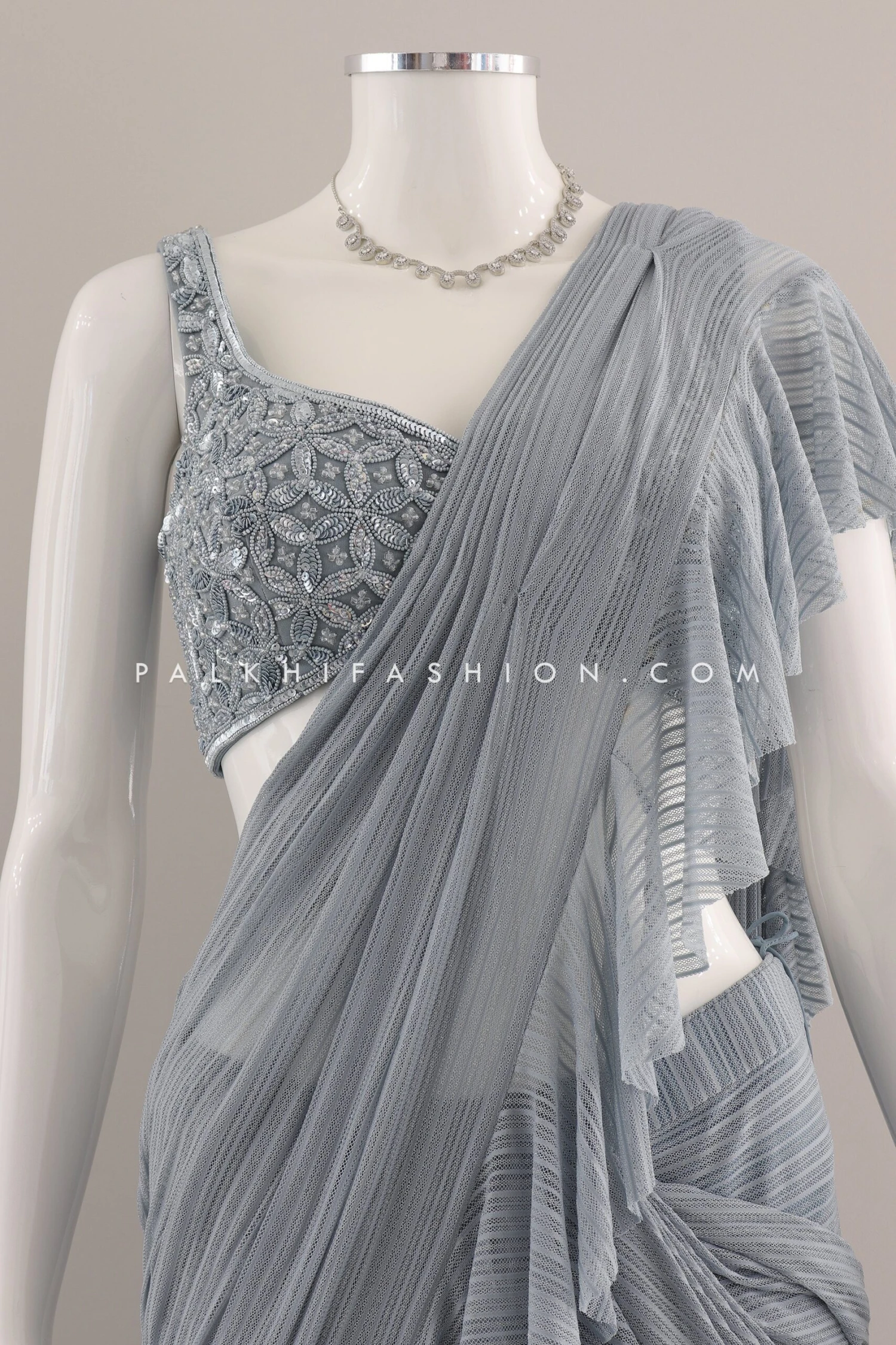Powder Blue Ready To Wear Saree With Stone & HandWork - Palkhi Fashion 5 Powder Blue Ready To Wear Saree With Stone & HandWork - Palkhi Fashion - Image 3