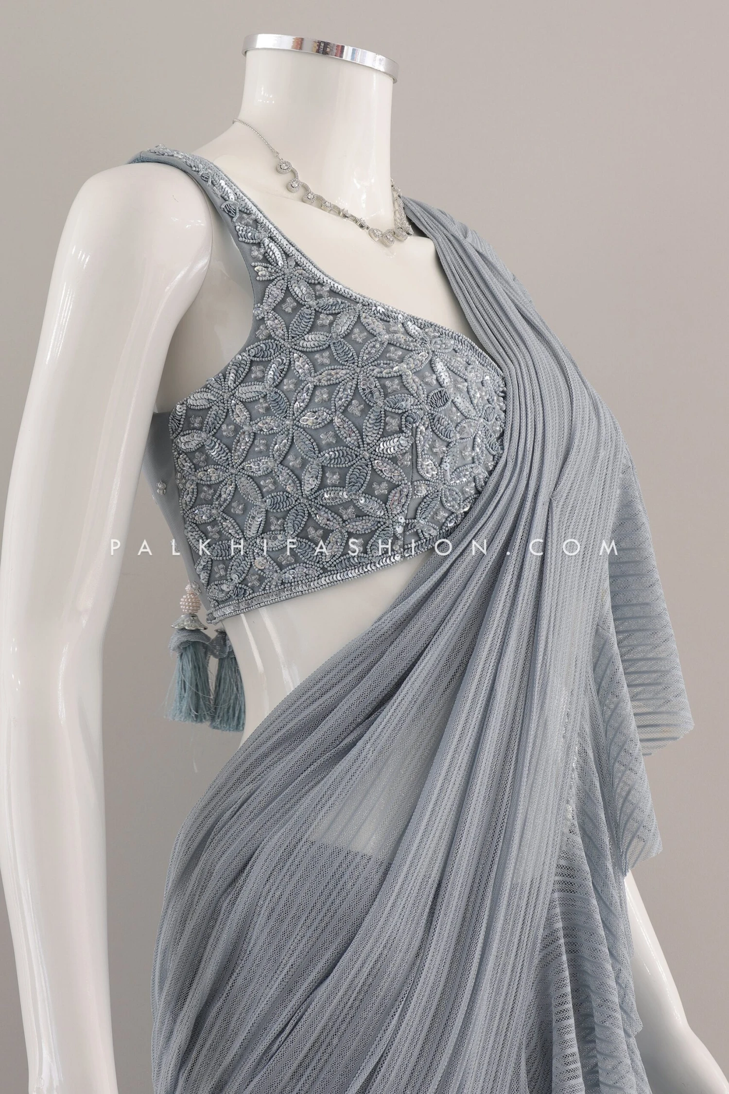 Powder Blue Ready To Wear Saree With Stone & HandWork - Palkhi Fashion 4 Powder Blue Ready To Wear Saree With Stone & HandWork - Palkhi Fashion - Image 2