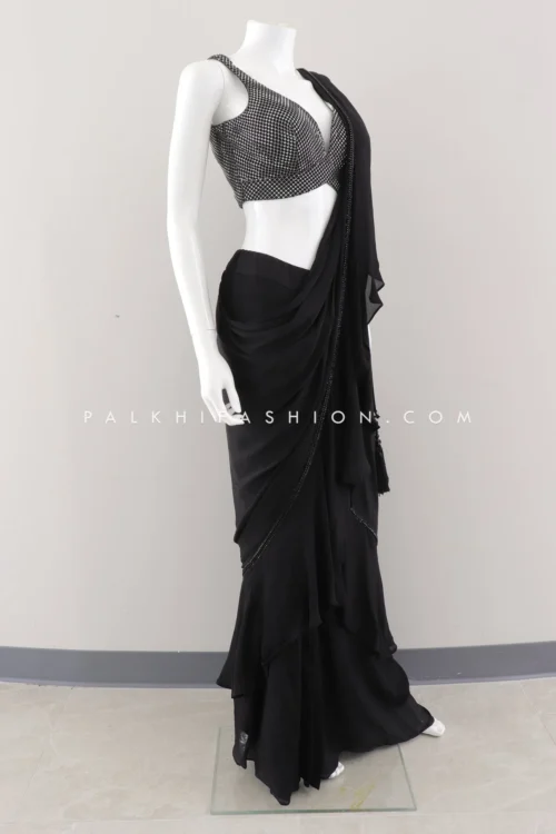 Pre-Draped Black Saree With Stone, Sequin, And Embroidery Work -Indian Wear Shop Pre DrapedBlackSareewithStone Sequin andEmbroideryWork 1 scaled