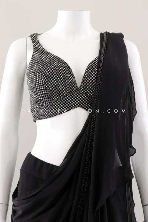 Pre-Draped Black Saree With Stone, Sequin, And Embroidery Work -Indian Wear Shop Pre DrapedBlackSareewithStone Sequin andEmbroideryWork 3 scaled