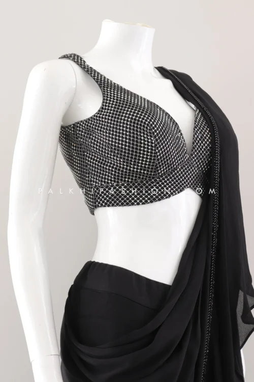 Pre-Draped Black Saree With Stone, Sequin, And Embroidery Work