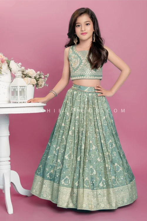 Premium Banarasi Silk Girls Lehenga Choli In Sage Green – Palkhi Fashion