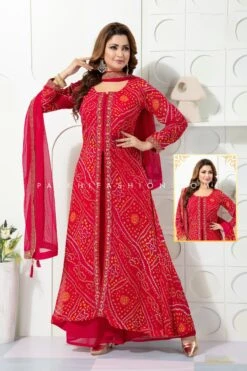 Rani Pink Georgette Front Slit Palazzo Outfit With Bandhani - Palkhi Fashion