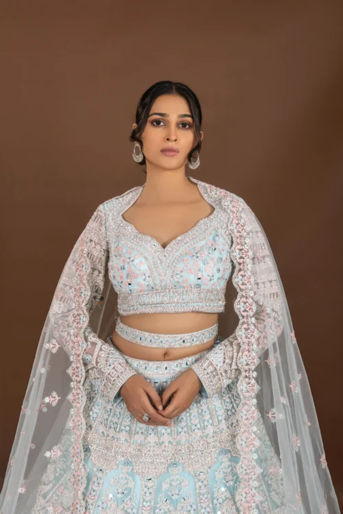 Regal Glam: Powder Blue Designer Lehenga Choli With Mirror And Pearl Work -Indian Wear Shop RegalGlamPowderBlueDesignerLehengaCholiwithMirrorandPearlWork 3 fdfc4d13 ce70 4c50 a4bd 08afc85cb0ea scaled