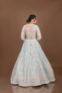 Regal Glam: Powder Blue Designer Lehenga Choli With Mirror And Pearl Work