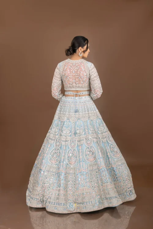 Regal Glam: Powder Blue Designer Lehenga Choli With Mirror And Pearl Work