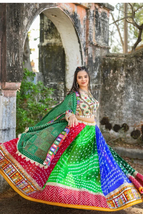 Stunning Bandhani Navratri Chaniya Choli With Kutchi & Mirror Work