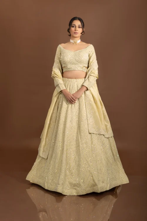 Royal Weaves: Lavish Beige Silk Designer Lehenga Choli With Pearls And Mirrors -Indian Wear Shop RoyalWeavesLavishBeigeSilkLehengaCholiwithPearlsandMirrors 3 scaled