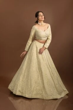 Royal Weaves: Lavish Beige Silk Designer Lehenga Choli With Pearls And Mirrors