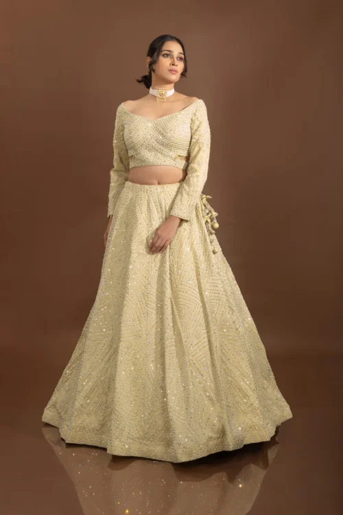 Royal Weaves: Lavish Beige Silk Designer Lehenga Choli With Pearls And Mirrors -Indian Wear Shop RoyalWeavesLavishBeigeSilkLehengaCholiwithPearlsandMirrors 5 scaled