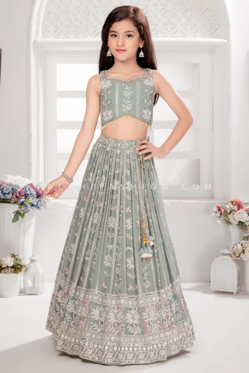 Sage Green Girls Lehenga Choli With Chikankari & Handwork – Palkhi Fashion